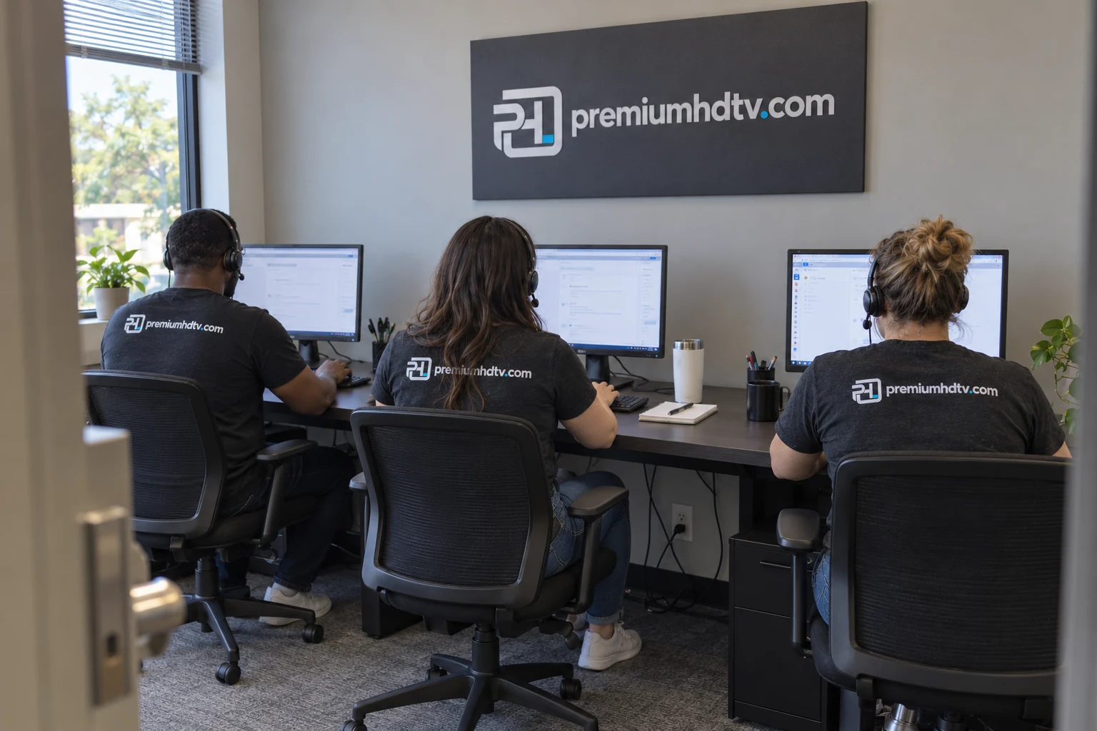 AI-generated illustration of a support office with PremiumHDTV-branded shirts and wall canvas